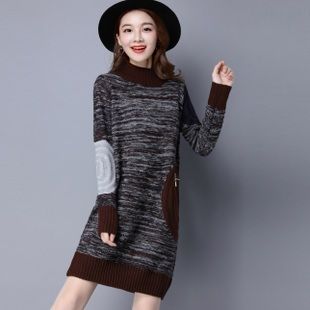 秋冬女装韩版半高领套头羊毛衫中长款宽松显瘦毛衣裙加厚花色线衫